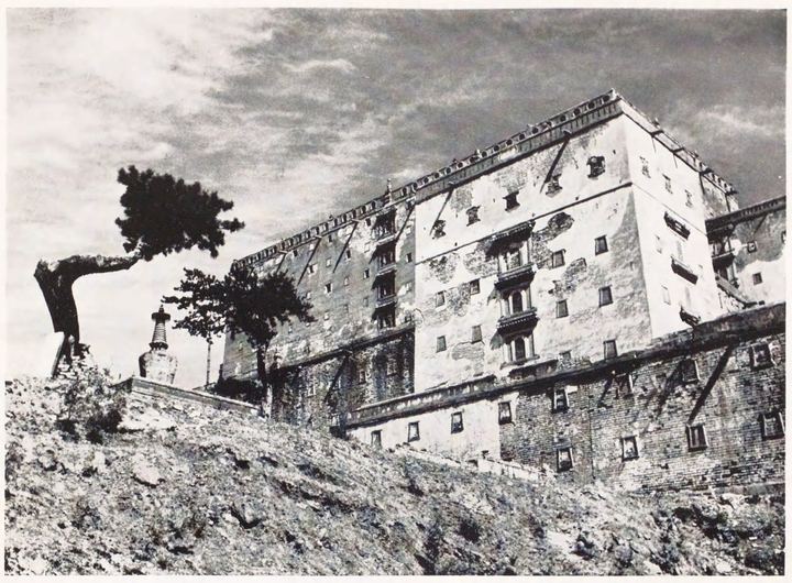 山坡高墙建筑与孤松